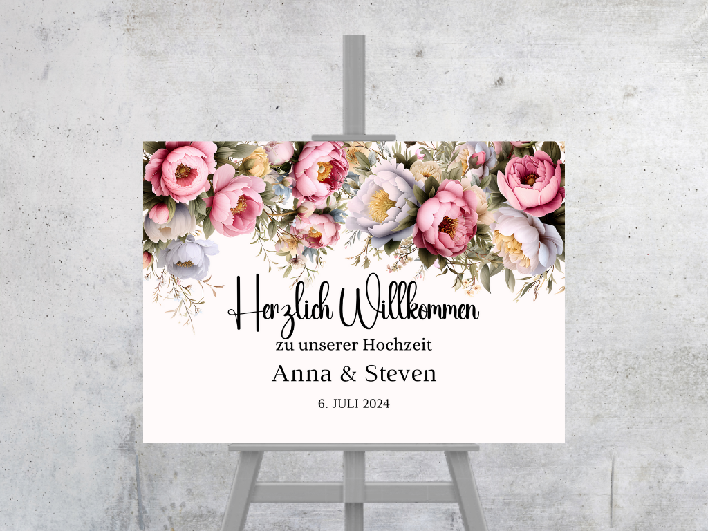 Willkommensschild Hochzeit - Leinwand , Poster - Rote Blumen Boho KATRIN