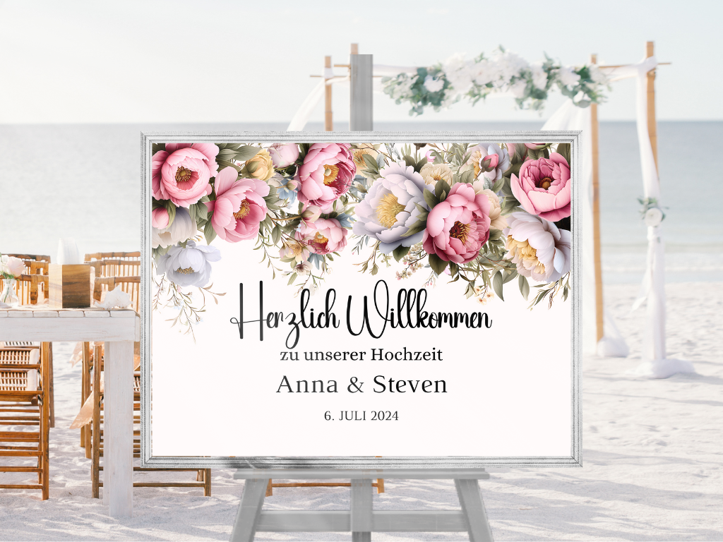 Willkommensschild Hochzeit - Leinwand , Poster - Rote Blumen Boho KATRIN