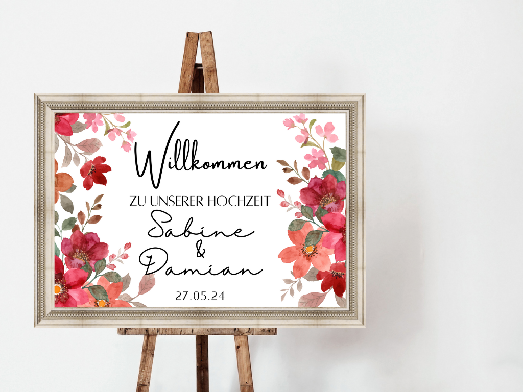 Willkommensschild Hochzeit - Leinwand , Poster - Bunte Blumen , Rot , Vintage NATALIE