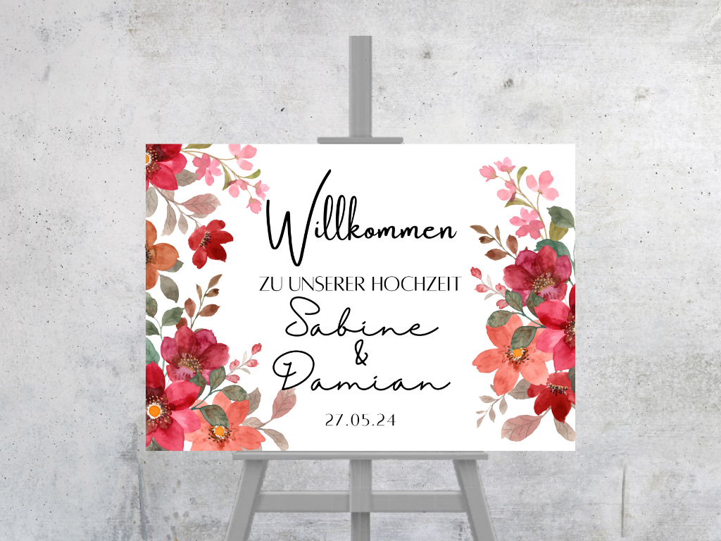 Willkommensschild Hochzeit - Leinwand , Poster - Bunte Blumen , Rot , Vintage NATALIE