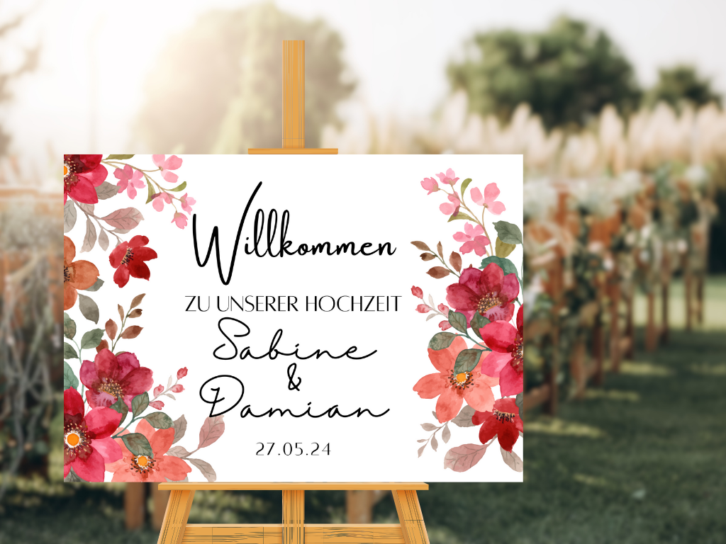 Willkommensschild Hochzeit - Leinwand , Poster - Bunte Blumen , Rot , Vintage NATALIE