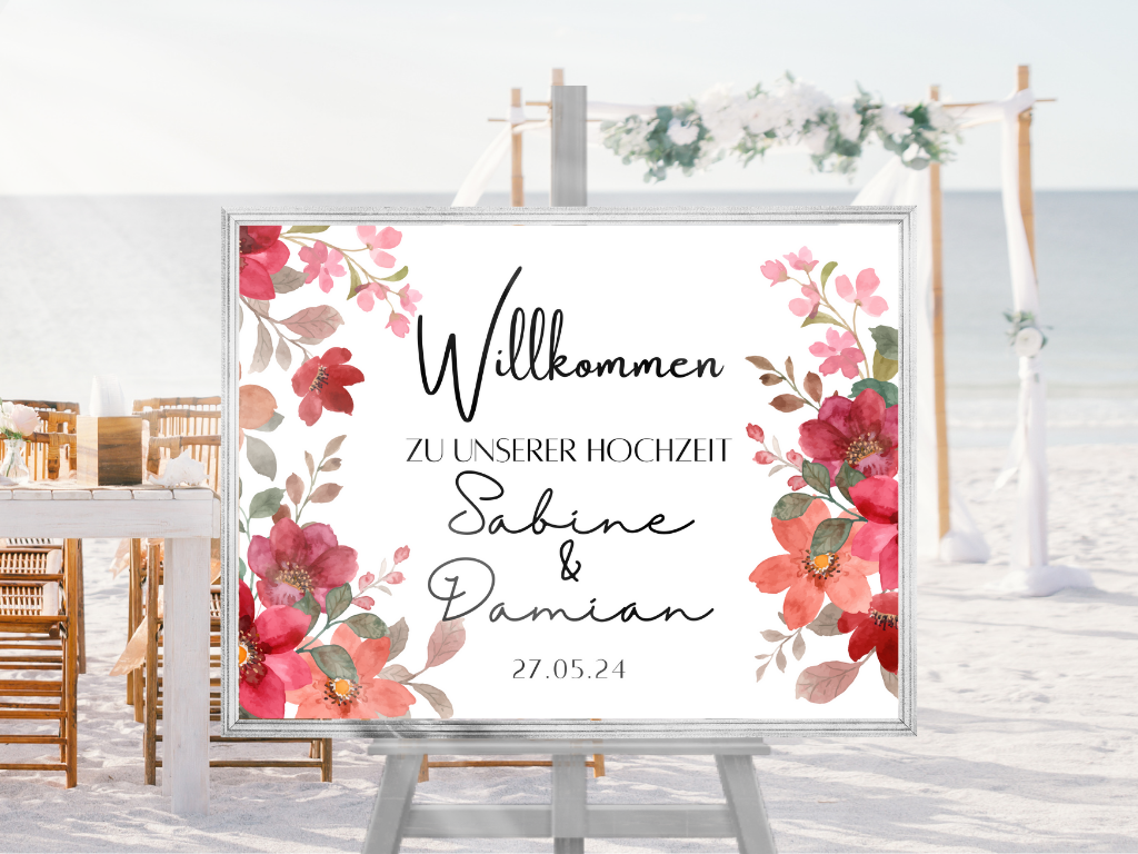 Willkommensschild Hochzeit - Leinwand , Poster - Bunte Blumen , Rot , Vintage NATALIE