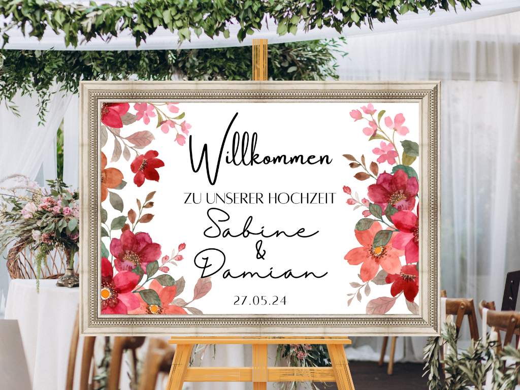 Willkommensschild Hochzeit - Leinwand , Poster - Bunte Blumen , Rot , Vintage NATALIE