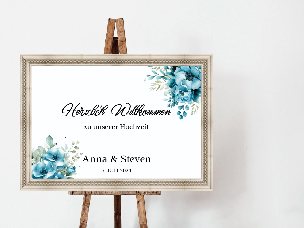 Willkommensschild Hochzeit - Leinwand , Poster - Strand Hochzeit , Marine , Blaue Blumen LINDA