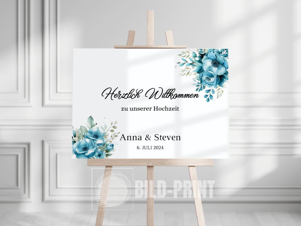 Willkommensschild Hochzeit - Leinwand , Poster - Strand Hochzeit , Marine , Blaue Blumen LINDA