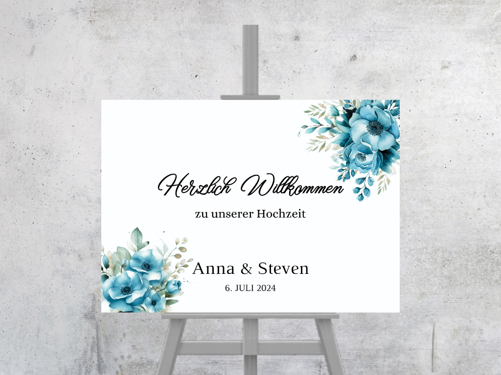 Willkommensschild Hochzeit - Leinwand , Poster - Strand Hochzeit , Marine , Blaue Blumen LINDA