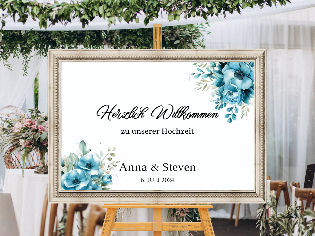 Willkommensschild Hochzeit - Leinwand , Poster - Strand Hochzeit , Marine , Blaue Blumen LINDA
