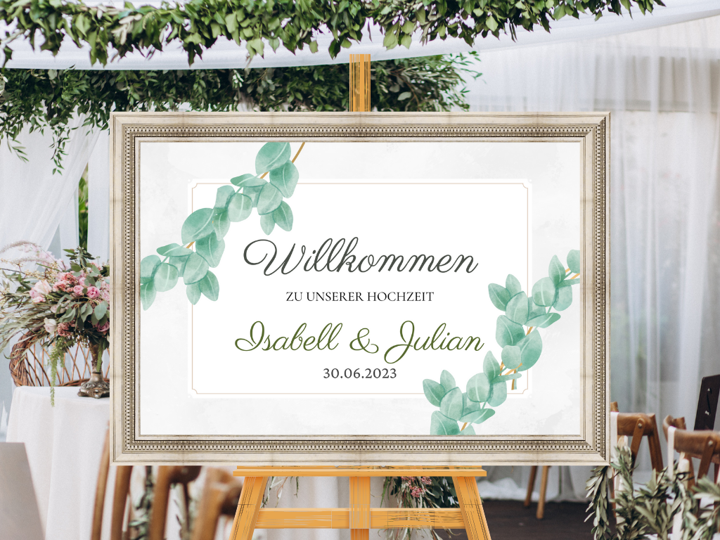 Willkommensschild Hochzeit - Leinwand , Poster - Eukalyptus Vintage HANNAH