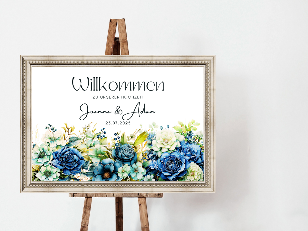 Willkommensschild Hochzeit - Leinwand , Poster - Marine , Blaue Blumen JASMIN