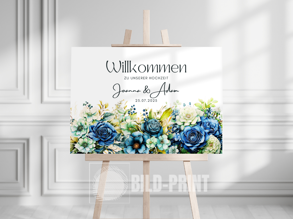 Willkommensschild Hochzeit - Leinwand , Poster - Marine , Blaue Blumen JASMIN