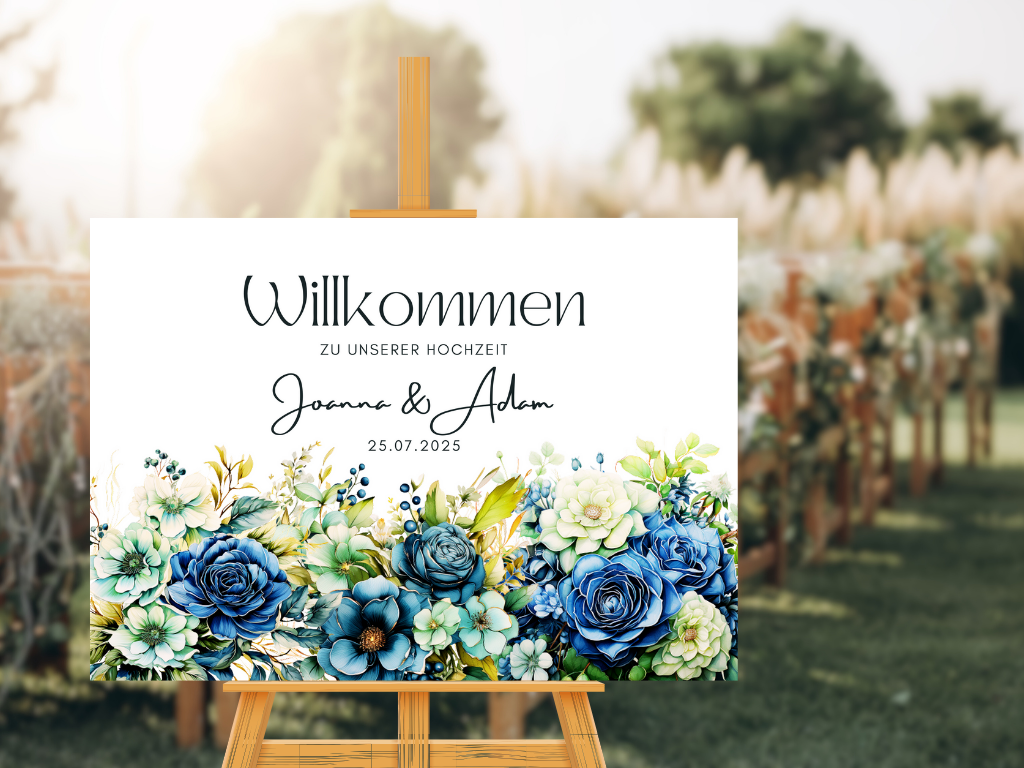 Willkommensschild Hochzeit - Leinwand , Poster - Marine , Blaue Blumen JASMIN