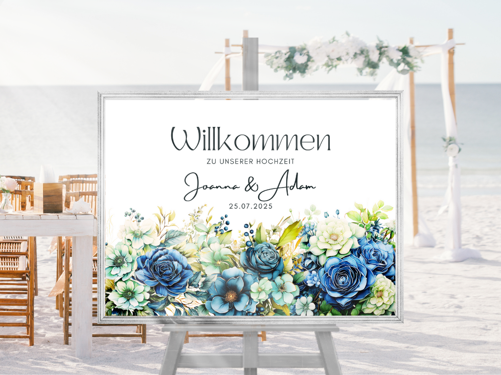Willkommensschild Hochzeit - Leinwand , Poster - Marine , Blaue Blumen JASMIN