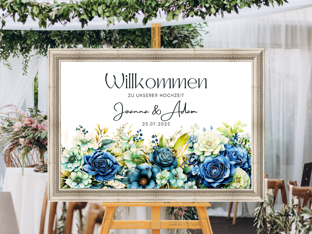 Willkommensschild Hochzeit - Leinwand , Poster - Marine , Blaue Blumen JASMIN