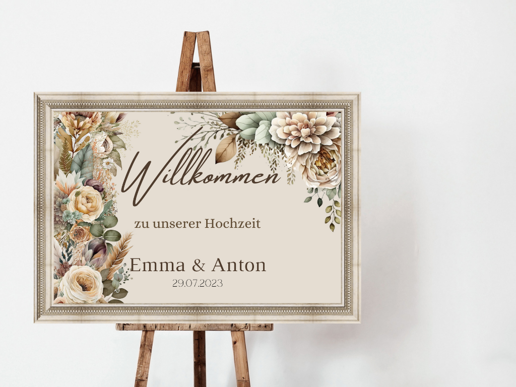 Willkommensschild Hochzeit - Leinwand , Poster - Boho , Beige , Blumen JULIA