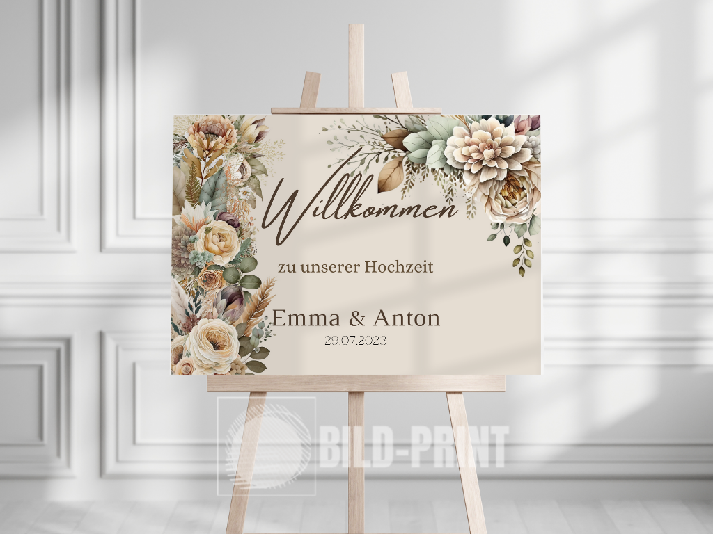 Willkommensschild Hochzeit - Leinwand , Poster - Boho , Beige , Blumen JULIA