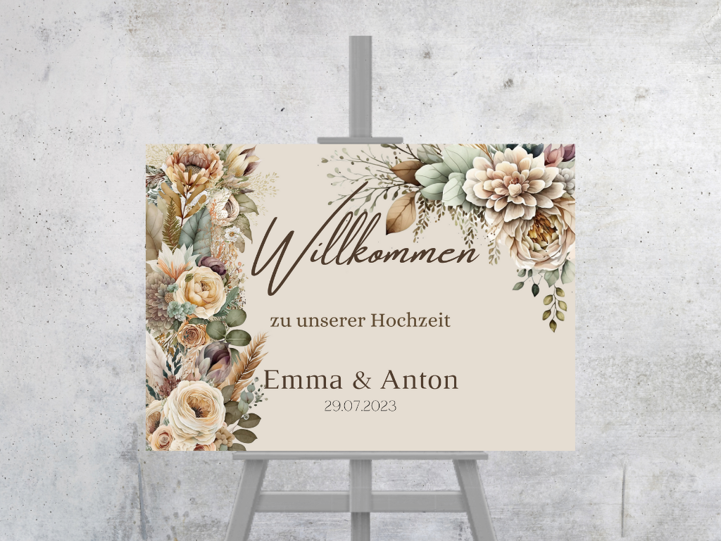 Willkommensschild Hochzeit - Leinwand , Poster - Boho , Beige , Blumen JULIA