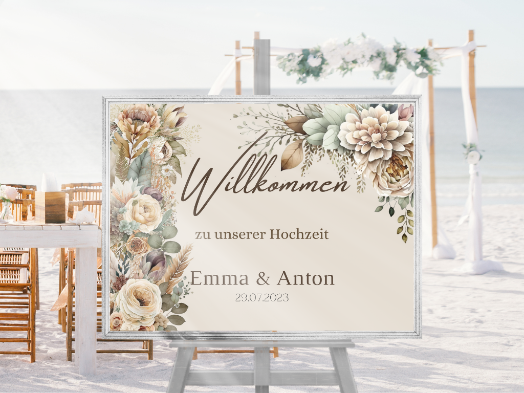 Willkommensschild Hochzeit - Leinwand , Poster - Boho , Beige , Blumen JULIA