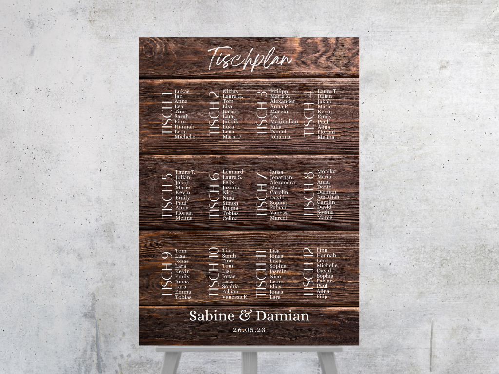 Personalisierter Hochzeits Sitzplan - Leinwand , Poster - Boho , Holzeffekt , Vintage LEONIE