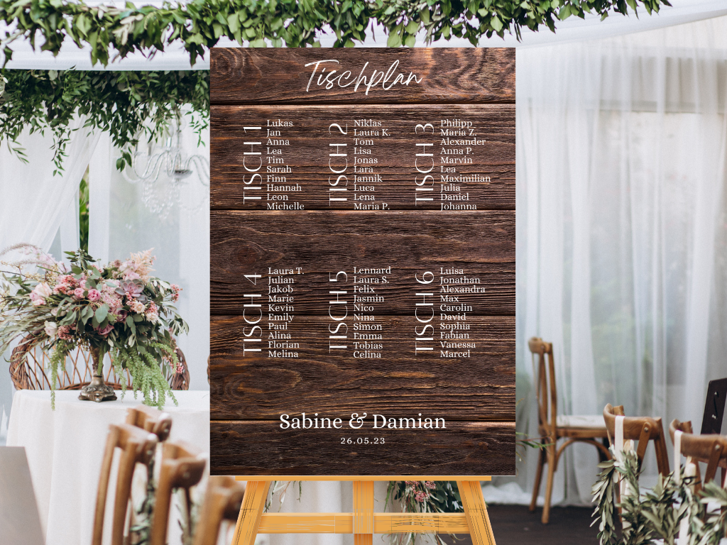 Personalisierter Hochzeits Sitzplan - Leinwand , Poster - Boho , Holzeffekt , Vintage LEONIE