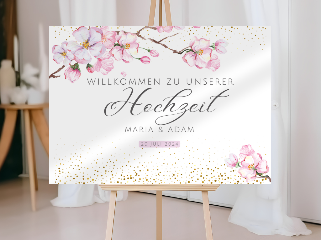 Willkommensschild Hochzeit - Leinwand , Poster - Kirschblüten , Rosa , Vintage LEA