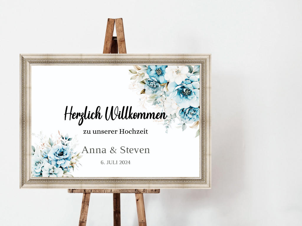 Willkommensschild Hochzeit - Leinwand , Poster - Strand Hochzeit , Marine , Blaue Blumen ALICE