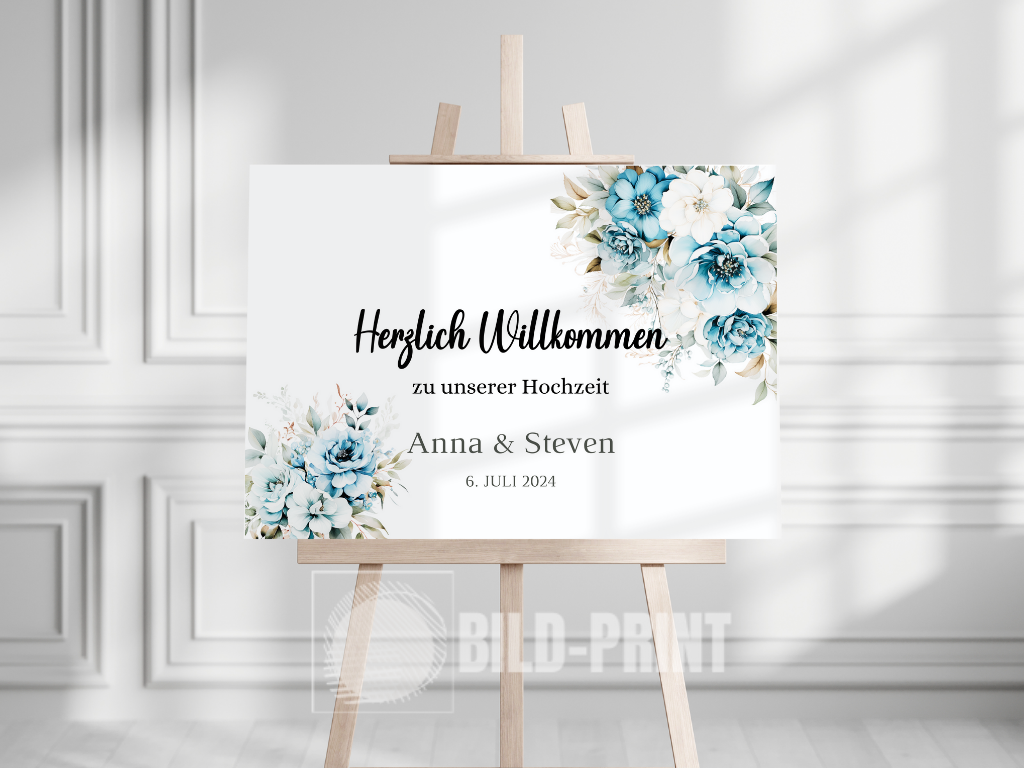 Willkommensschild Hochzeit - Leinwand , Poster - Strand Hochzeit , Marine , Blaue Blumen ALICE