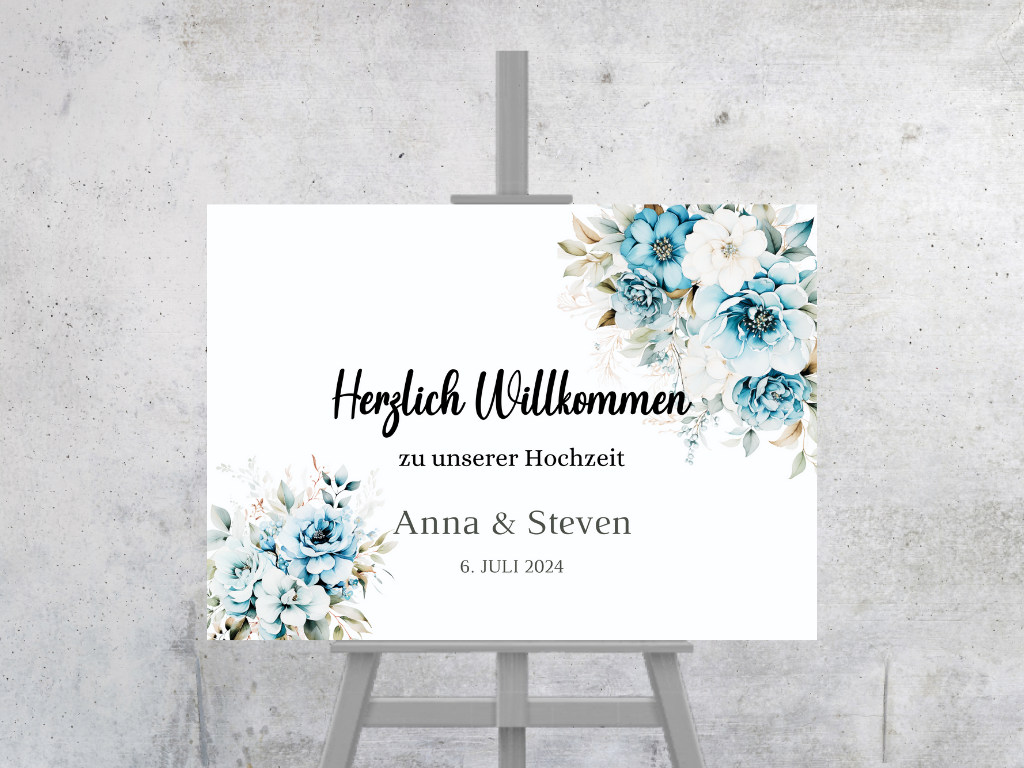 Willkommensschild Hochzeit - Leinwand , Poster - Strand Hochzeit , Marine , Blaue Blumen ALICE