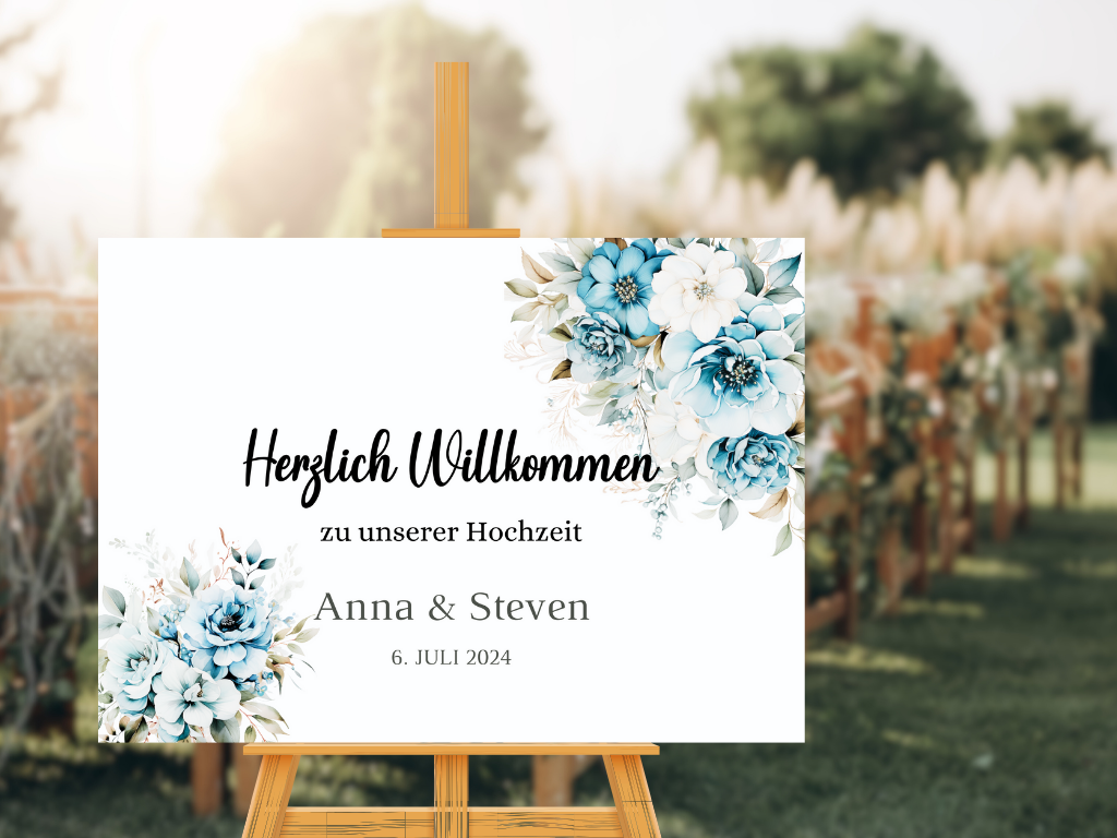 Willkommensschild Hochzeit - Leinwand , Poster - Strand Hochzeit , Marine , Blaue Blumen ALICE