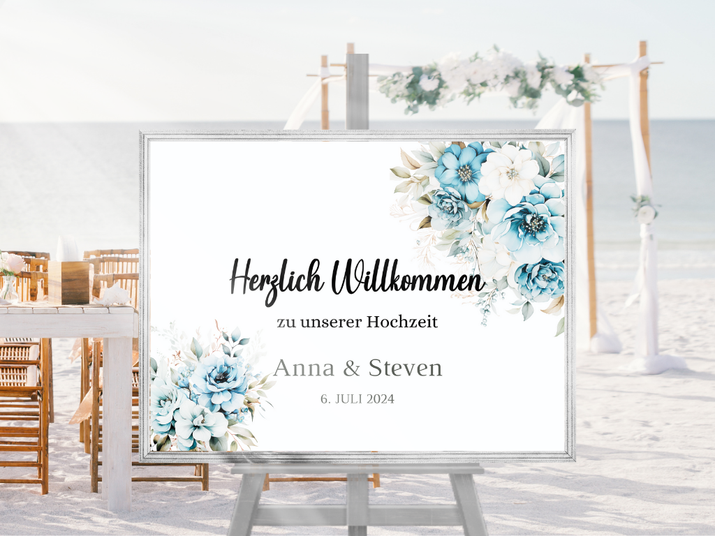 Willkommensschild Hochzeit - Leinwand , Poster - Strand Hochzeit , Marine , Blaue Blumen ALICE