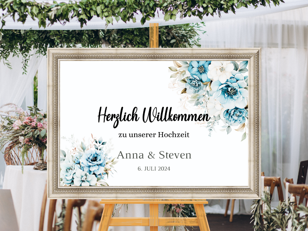 Willkommensschild Hochzeit - Leinwand , Poster - Strand Hochzeit , Marine , Blaue Blumen ALICE