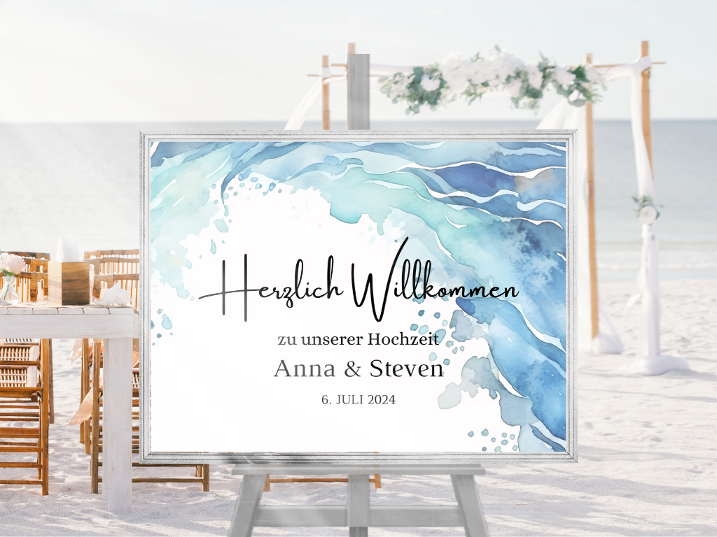 Willkommensschild Hochzeit - Leinwand , Poster - Strand Hochzeit , Marine , Vintage EMMA