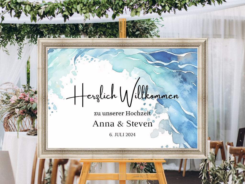 Willkommensschild Hochzeit - Leinwand , Poster - Strand Hochzeit , Marine , Vintage EMMA