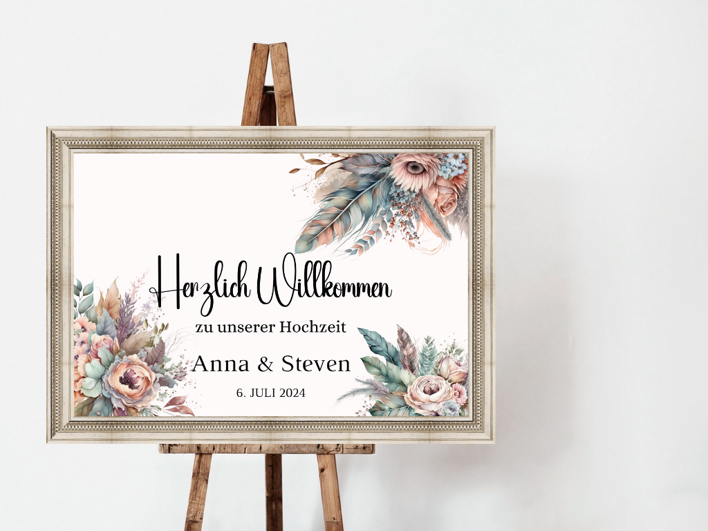 Willkommensschild Hochzeit - Leinwand , Poster - Trockenblumen , Boho Strand Hochzeit DIANA