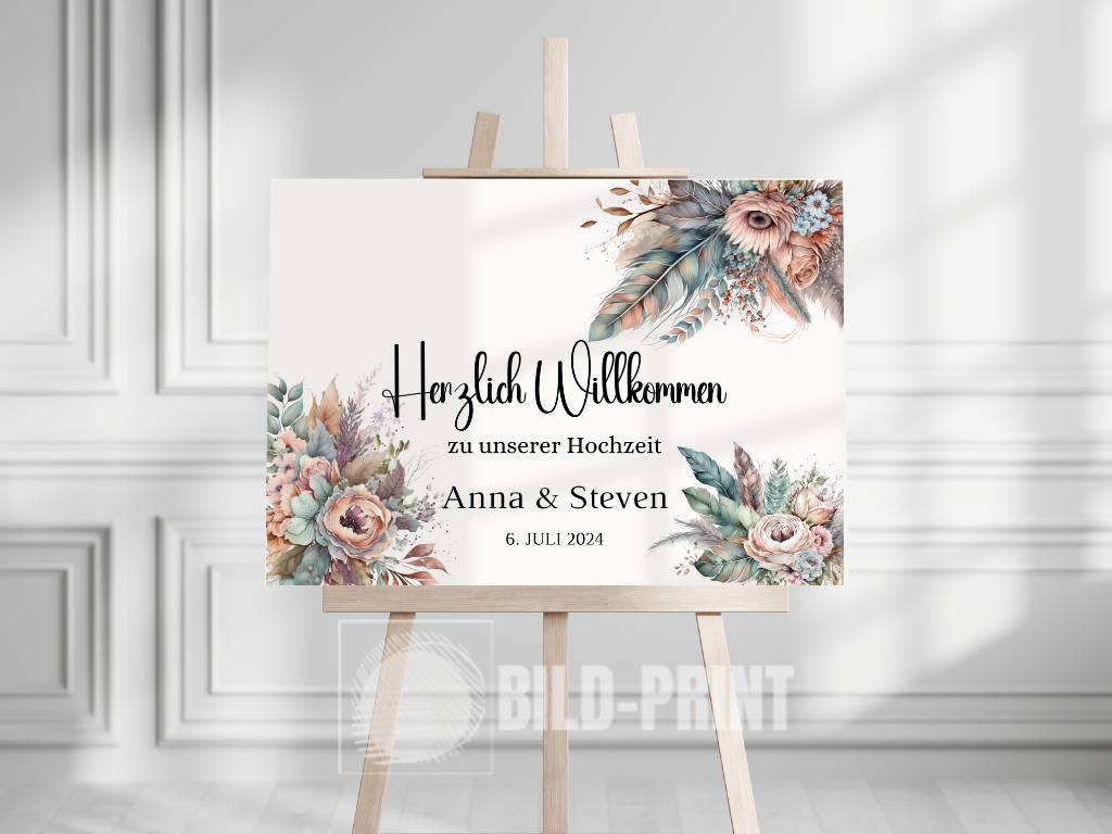 Willkommensschild Hochzeit - Leinwand , Poster - Trockenblumen , Boho Strand Hochzeit DIANA