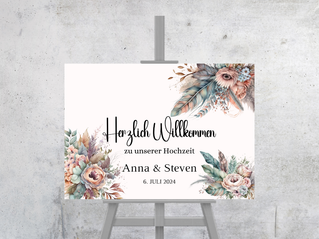 Willkommensschild Hochzeit - Leinwand , Poster - Trockenblumen , Boho Strand Hochzeit DIANA