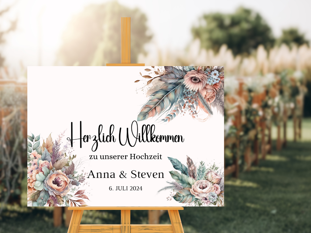 Willkommensschild Hochzeit - Leinwand , Poster - Trockenblumen , Boho Strand Hochzeit DIANA