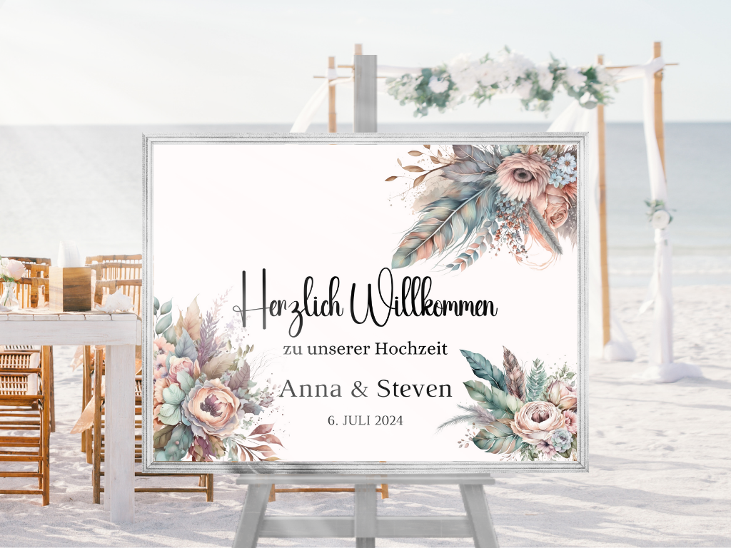 Willkommensschild Hochzeit - Leinwand , Poster - Trockenblumen , Boho Strand Hochzeit DIANA