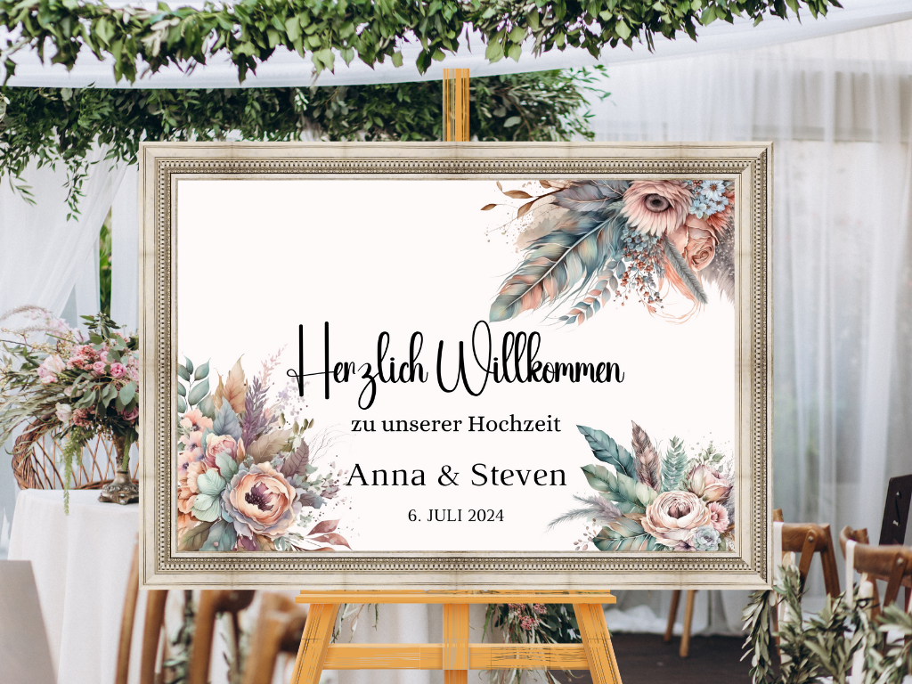 Willkommensschild Hochzeit - Leinwand , Poster - Trockenblumen , Boho Strand Hochzeit DIANA