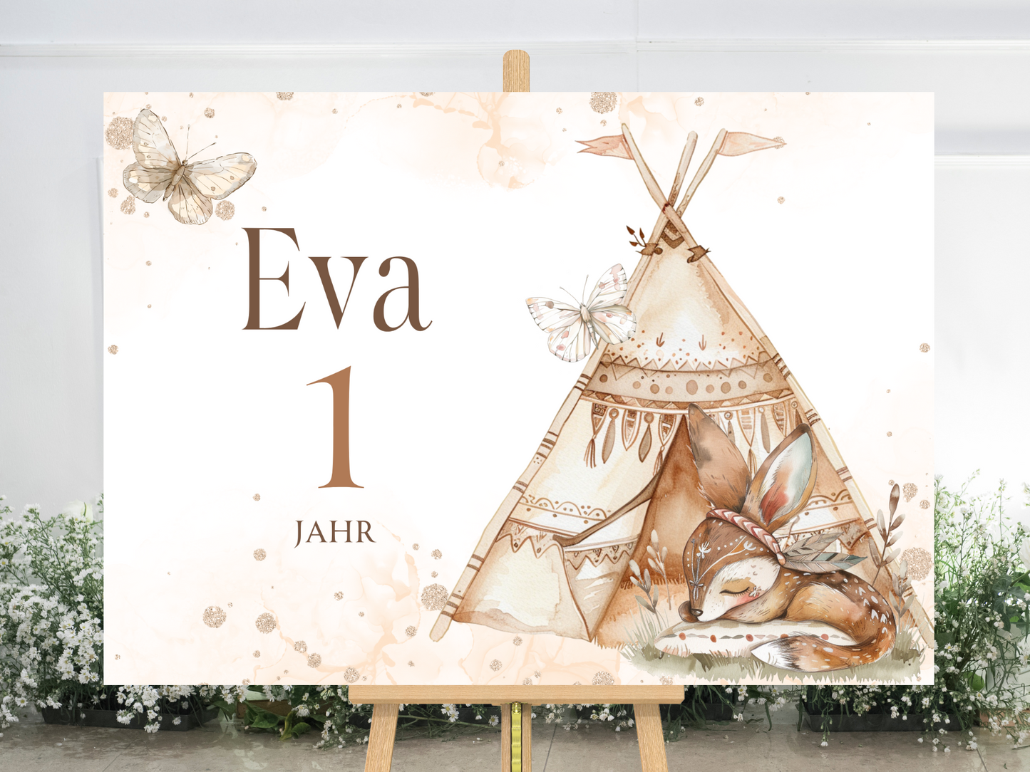 Willkommensschild zum 1. Geburtstag Kindergeburtstag Personalisiertes Deutsch boho