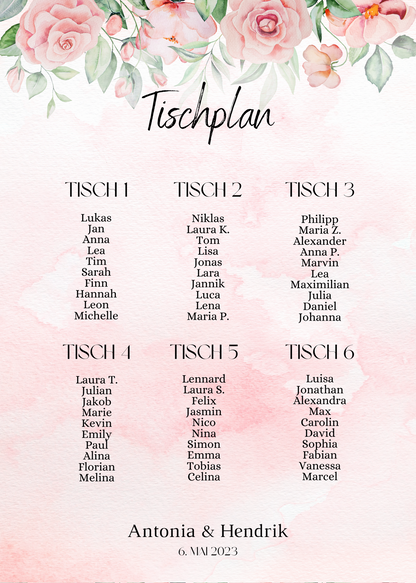 Personalisierter Hochzeits Sitzplan - Leinwand , Poster - Boho , Rosa Blumen LAURA