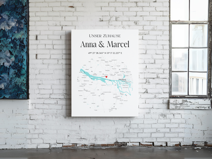 Personalisierte Stadtkarte als Leinwand oder Poster