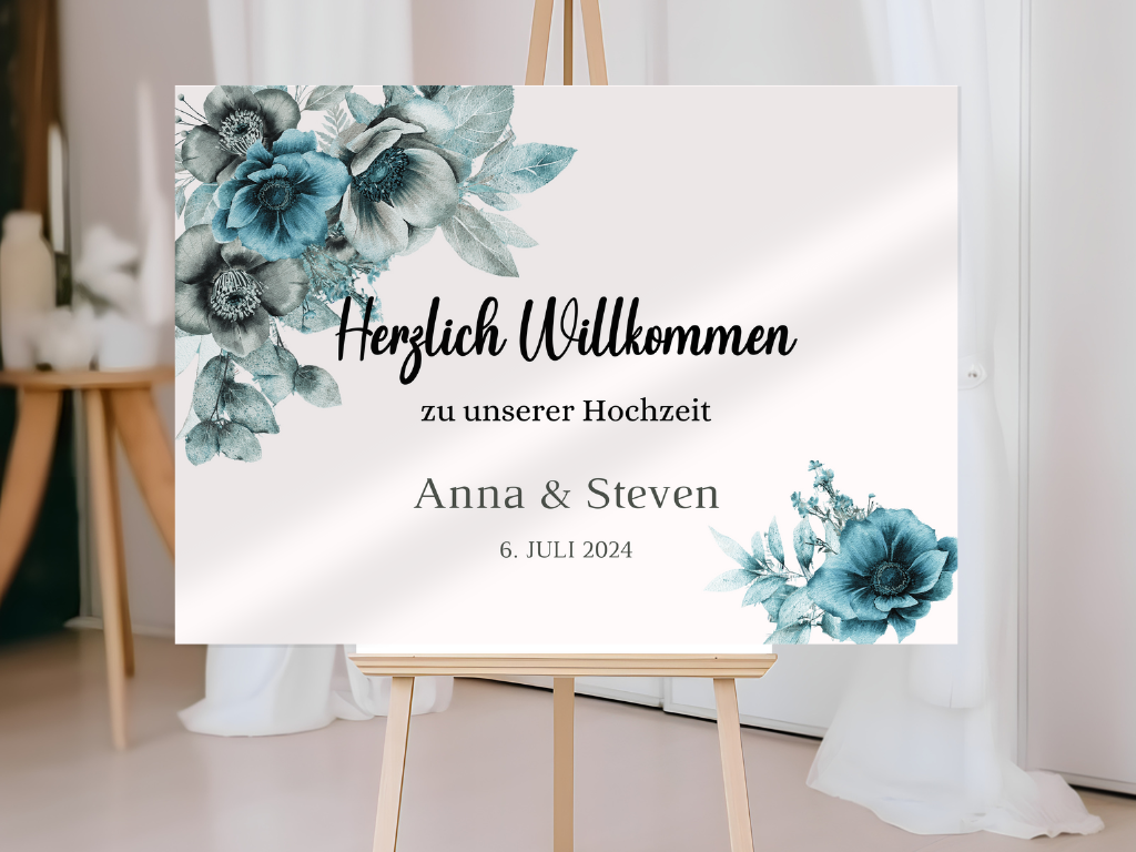 Willkommensschild Hochzeit - Leinwand , Poster - Strand Hochzeit , Marine , Blaue Blumen MILA