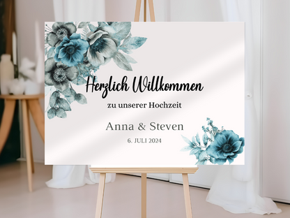 Willkommensschild Hochzeit - Leinwand , Poster - Strand Hochzeit , Marine , Blaue Blumen MILA