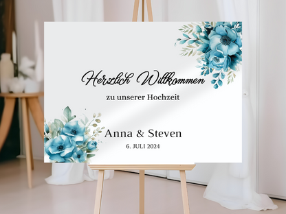 Willkommensschild Hochzeit - Leinwand , Poster - Strand Hochzeit , Marine , Blaue Blumen LINDA