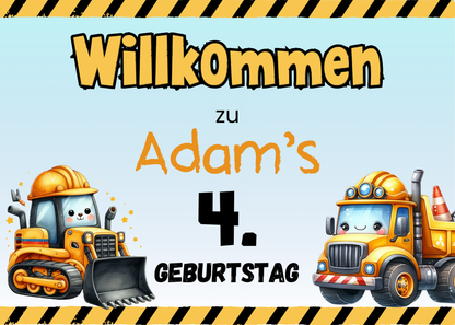 Willkommensschild zum 1. Geburtstag Kindergeburtstag Personalisiertes Bagger Baustelle  Deutsch