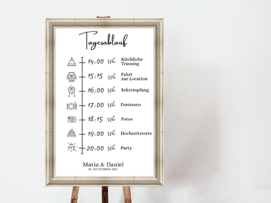 Tagesablauf für Hochzeit Leinwand, Poster .