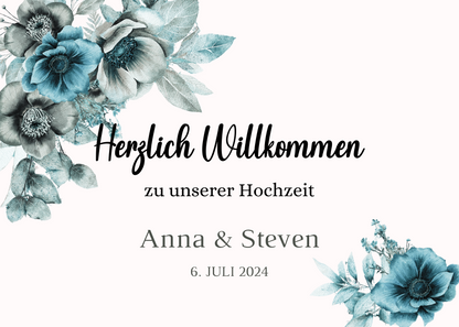 Willkommensschild Hochzeit - Leinwand , Poster - Strand Hochzeit , Marine , Blaue Blumen MILA