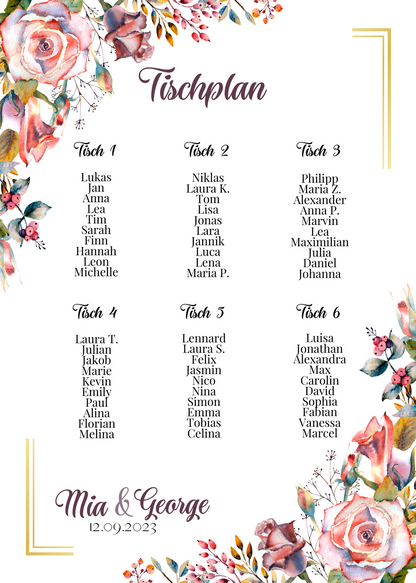 Personalisierter Hochzeits Sitzplan - Leinwand , Poster - Boho , Rosa Blumen SOPHIE
