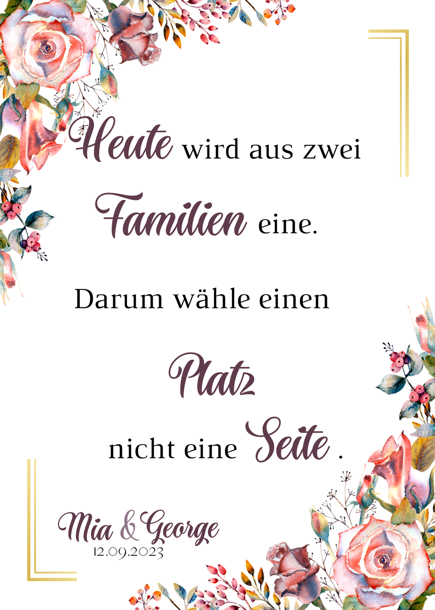 Heute wird aus zwei Familien eine Schild für Hochzeit Leinwand, Poster. Boho , Rosa Blumen SOPHIE