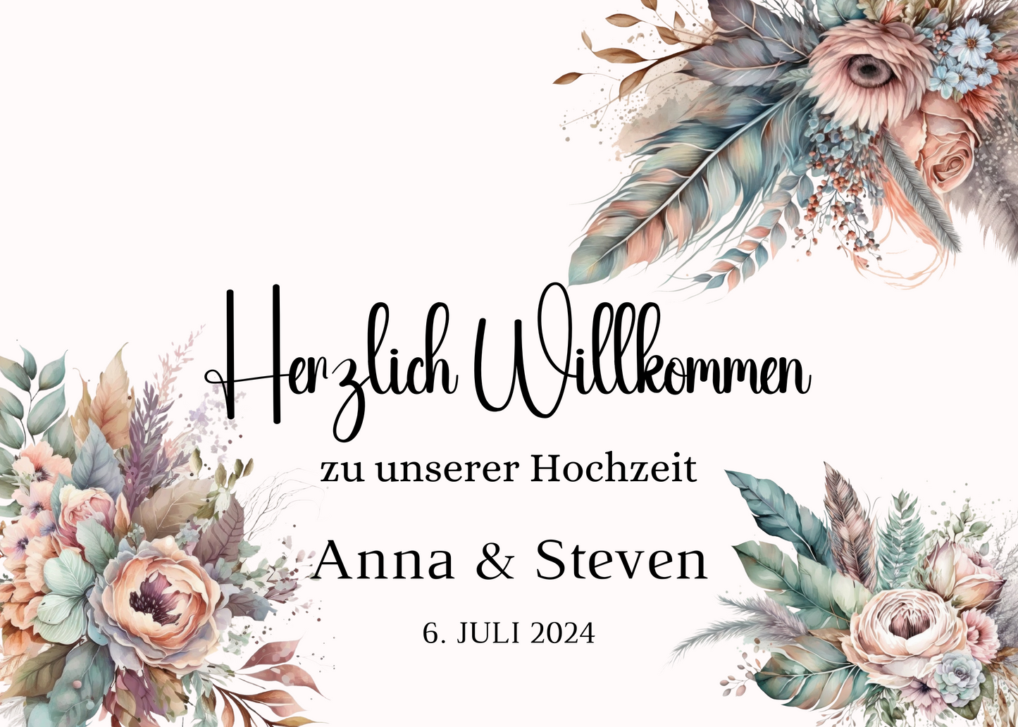 Willkommensschild Hochzeit - Leinwand , Poster - Trockenblumen , Boho Strand Hochzeit DIANA